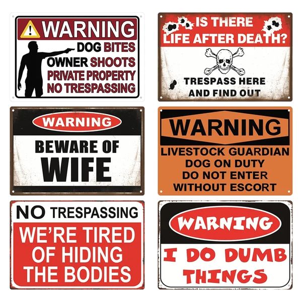 Warning Dog Metal Sign Vintage Plaque Metal Caution Area 51 Tin Signs No Trespassing Iron Plate Retro Garden and Yard Attention Garage Park Outdoor Decor 30X20CM w01