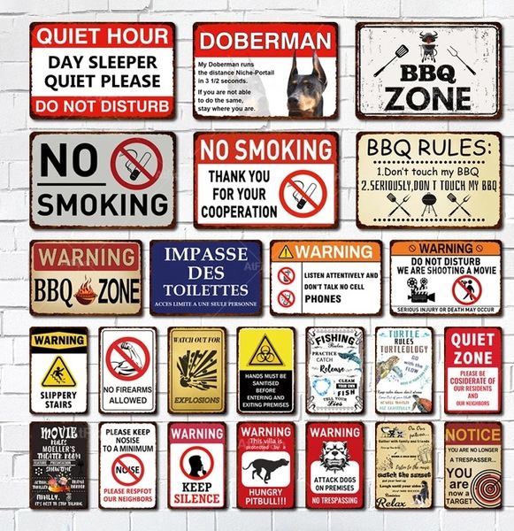 Panneau d'avertissement BBQ Zone Tin Signs No Smoking Vintage Metal Sign Décoration pour Garage Home Quiet Zone Mark Backyard Wall Decor Plaque Custom Art Decor 30X20 w01