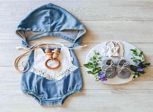 Lavage Blue Baby Rompers avec Cap Mock Denim Nouveaux-nés One-Piece Vêtements pour tout-petits Juintes de mode pour enfants
