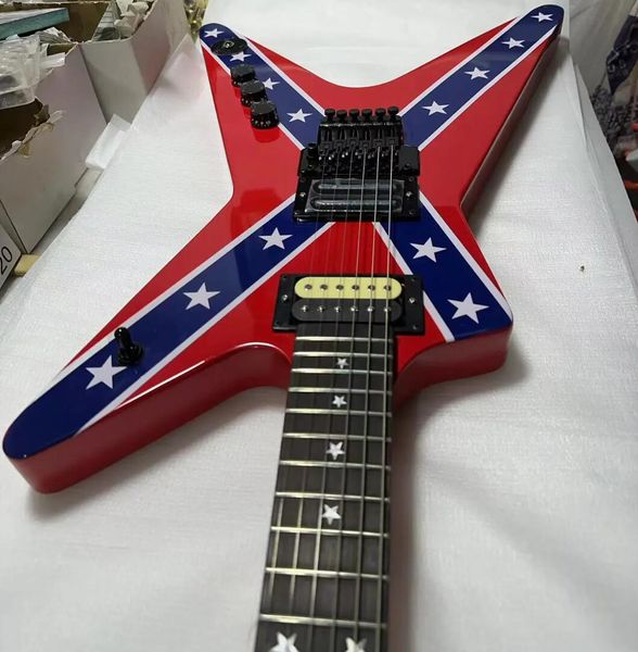 Wash Dim 333 Dimbag Darrell Rebel Confederate Flag Guitarra eléctrica roja Floyd Rose Tremolo Bridge Star Inlay Grover Tuners Black Hardware Whammy Bar