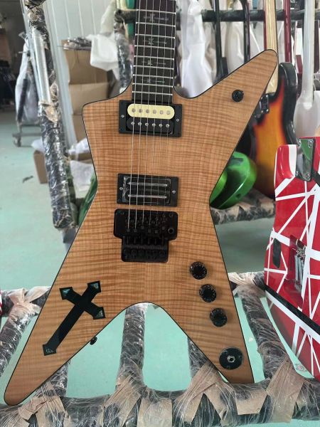 Wash Dimebag Darrell Figured Flame Maple Top Guitare électrique naturelle Touche en bois de rose Abalone Iron Cross Inlay Floyd Rose Tremolo Grover Tuners Matériel noir