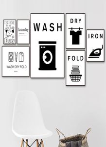 Wassen Droog Vouw Ijzer Wasserij Grappig Teken Citaat Wall Art Canvas Schilderij Nordic Posters En Prints Muur Foto's Voor badkamer Decor1638403