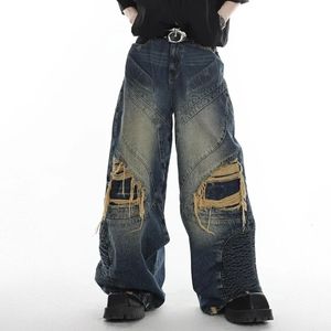 Wassen Vier Seizoenen Heren Zwaar Gewicht Techwear Jeans Mode Cool Recht Gesegmenteerde Punk StijlDoe de oude Versleten Denim Broek 240122