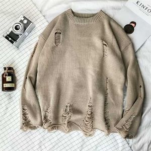 Wash Hole Ripped Knit Sweaters Hombres Mujeres Streetwear Hip Hop Pullovers Jumper Moda Oversized All-match Ropa de invierno 211011