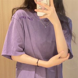 Wash To Do Old Purple Brodé Lettres Lovers T-shirt en coton ample pour hommes et femmes à la mode à manches courtes