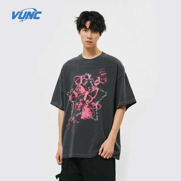 Camisetas desgastadas de marca China chic para amantes de hombres y mujeres de manga corta con estampado de mariposas de verano en polvo negro con agua lavada