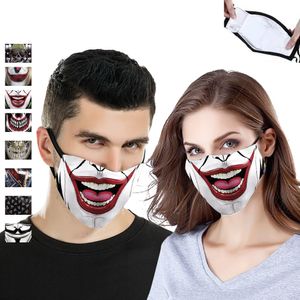 Máscara facial lavable Joker Skull PM2.5 Filtro Impresión digital Polvo Respirador para adultos Fiesta de Halloween Máscara de algodón para mujeres Hombres KKA1456