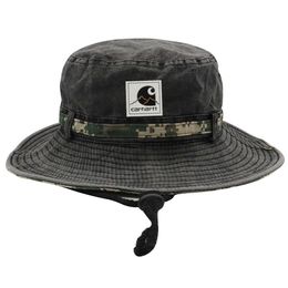 Camouflage lavé grand avance en plein air en plein air pour hommes et femmes, chapeau de bassin à la mode, corde pliable pour le vent, chapeau de pêche en cuir