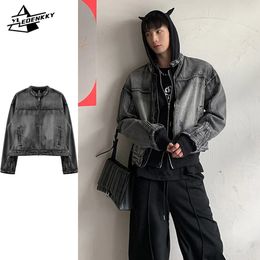 Veste en jean lavé hommes femmes américain Vintage recadrée Cowboy manteau Hip Hop lâche décontracté moto unisexe Zipup vêtements d'extérieur 240202