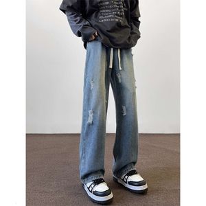 Jean délavé en détresse, pantalon de mendiant tendance Instagram pour hommes, beau pantalon ample à jambes larges Ruffian de printemps et d'automne