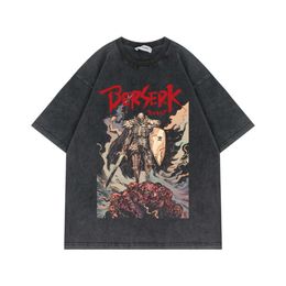 Gewassen noodlijdend T-shirt met korte mouwen, Legendarische Anime BERSERK Top in zwaardstijl, Trendy katoenen T-shirt