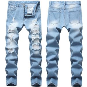 Jeans à trous lavés Jeans de motard à la mode pour hommes Pantalon en denim bleu clair Jeans à glissière