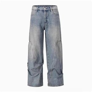 Pantalon en jean délavé pour hommes et femmes, pantalon à jambes larges avec poches et lavage à l'eau lourde