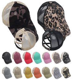 Gewassen Mesh Achterkant Luipaard Camo Hollow Criss Cross Paardenstaart Messy Bun Baseball Cap Trucker Hoed Ljjo82257541126