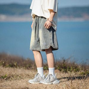 Vieux short en jean lavé pour hommes Summer American Style brodé Triangle Split Design Pantal