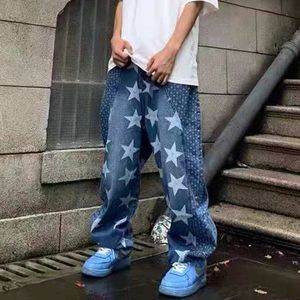 Gewassen sterren Embroery Streetwear Jeans Broek voor mannen en vrouwen Rechte geripte Oversize Japanse Casual Denim Broek