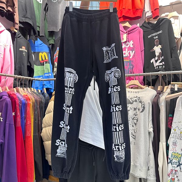 Pantalon de survêtement lavé imprimé pour hommes et femmes, tissu lourd, jogging unisexe, pantalon à cordon de serrage, taille EUR et US, photos réelles