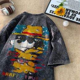 Gewassen t-shirt geschilderd graffiti t-shirt kawaii tops y2k street t-shirt oversized T-stukken Harajuku paar korte mouw t-shirts 240424