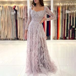 Wasisi árabe rosa sexy alto dividido con cuentas de lujo Dubai vestidos de noche largos vestidos para mujeres fiesta de boda ELA71917 240401