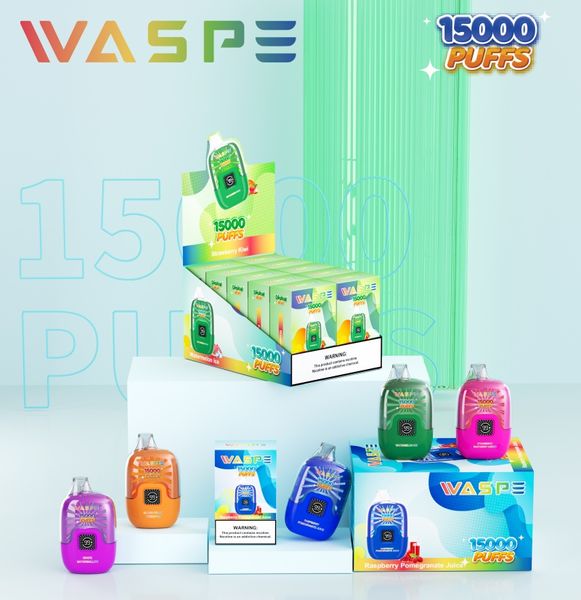 Boîte numérique Waspe Puff 15000 Cigarettes électroniques jetables 0% 2% 22 ml Coil de maillage pré-rempli 650mAH Type-C de type C 12 Flavors 15K Puff