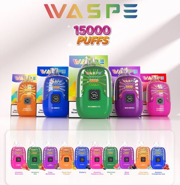 Waspe Digital Box Puff 15000 Vape desechable 12 Sabores Puff 15k E Cigarrillo 650mAh Batería recargable Cartucho de 22 ml Precilado 0% 2% 3% 5% Vape Vape Barra Vs Bang 12K 15K