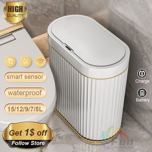Cubos de basura 1215L Sensor de cubo de basura cubo de basura automático para el hogar cubo de almacenamiento de baño inodoro impermeable cocina estrecha basura 230531
