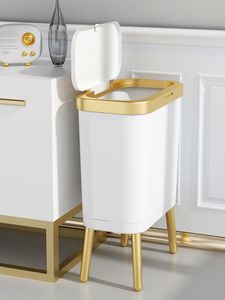 Poubelles Poubelle de luxe dorée de grande capacité de 15 L utilisée pour la créativité de la cuisine et de la salle de bain poubelle en plastique de type presse à pied haut avec couvercle 230711