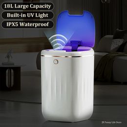 Poubelles Poubelle à capteur automatique 18L avec lumière UV poubelle intelligente Rechargeable pour salle de bain toilette corbeille avec couvercle Smart Home 231031