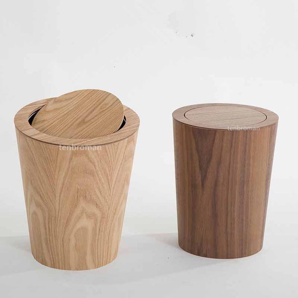 Poubelles 9L Poubelle avec couvercle Poubelles en bois massif Corbeille à papier Outils de nettoyage domestique Poubelle ronde Couvercle pivotant Paniers de rangement de bureau 230303