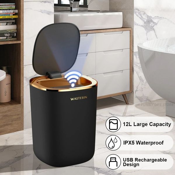 Poubelles salle de bains capteur intelligent poubelle 12L luxe seau à ordures poubelle automatique pour cuisine toilette corbeille maison 231116