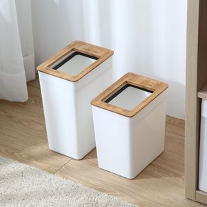 Afvalbakken Iliving Noordse stijl Simple Bamboo Cover Trash Can Plastic Office Keuken Woonkamer Slaapkamer Badkamer Badkamer Creatieve papieren mand 230325