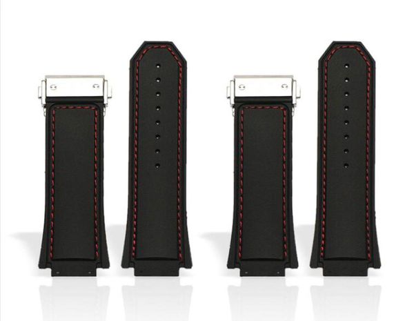 Accessoires de montée Men 26 mm x 18 mm de haute qualité Red Centred Black Silicone Rubber Watch Band Sangle Deployment Boucle pour Hub Big B9160802