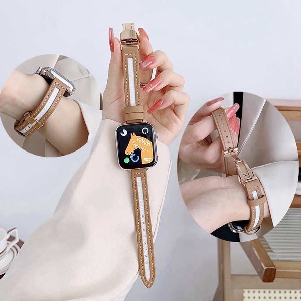 Watch Band Leather réel pour pomme Iwatch Strap 41mm Ultra 8 49mm 44mm 45 40 38 mm Boutille de boucle pliante Bracelet Bouton en métal Gold Slim Gold pour femmes