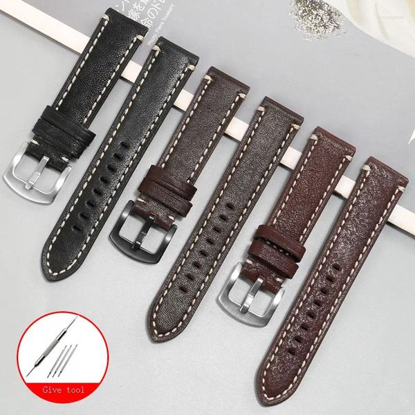 Bracelets de montre 18 20 22 24mm bracelet noir marron foncé bracelet de montre en cuir véritable boucle en acier inoxydable marque accessoires généraux pour hommes