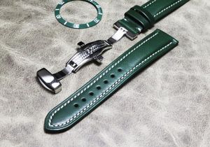 Bandes de montre 18 20 22mm de haute qualité de qualité supérieure en cuir de vache vert bracelet pour homme haut de gamme boucle papillon en cuir véritable marque Hele22