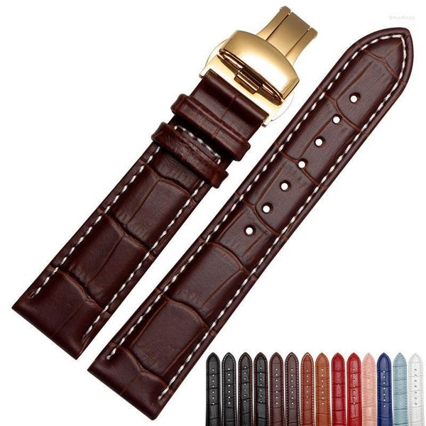 Correas de reloj de 18 mm, 19 mm, 20 mm, 21 mm, 22 mm para hombres con correa de cuero negro Cierre desplegable de mariposa dorada gratis