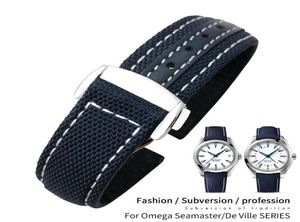 Bands de montre 19 mm 20 mm Sangle de montre en nylon pour Omega Seamaster 300 AT150 Fabric en cuir aqua terra 150 bleu 21 mm 22 mm watchban6904719