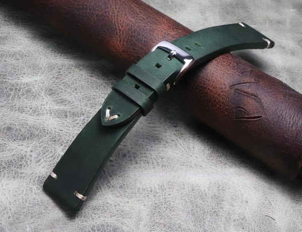 Bandas de reloj 20 21 22 mm Pulsera verde hecha a mano Crazy Horse Skin Cowhide Watchband Pulsera Hombres Correas de liberación rápida Cinturón de cuero genuino