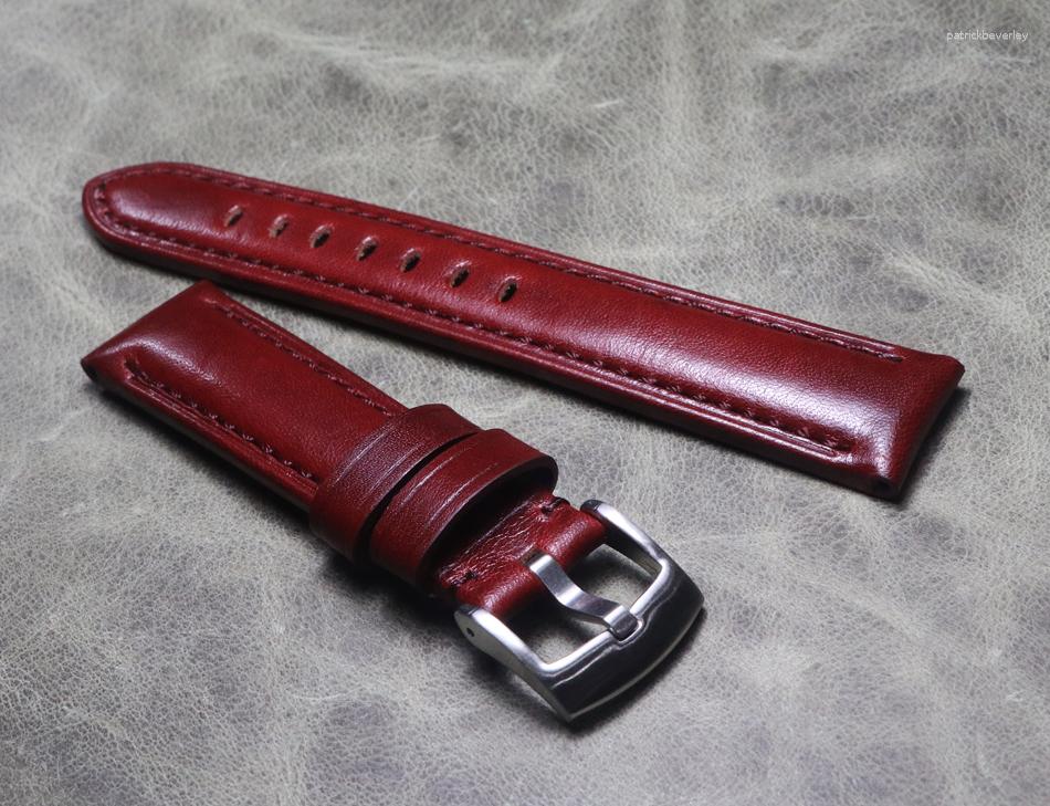 İzle Bantlar 20mm 22mm Lüks Bordo El yapımı kalın inek derisi deri saat bandı vintage derma bileklik moda bileği bant kayış aksesuarları