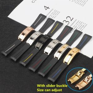 Bandes de montre 20 mm Black Curbed Silicone Rubber Watch Band pour le rôle Strap Submarine GMT Bracelet Glidelock Clasp Class Version 213K