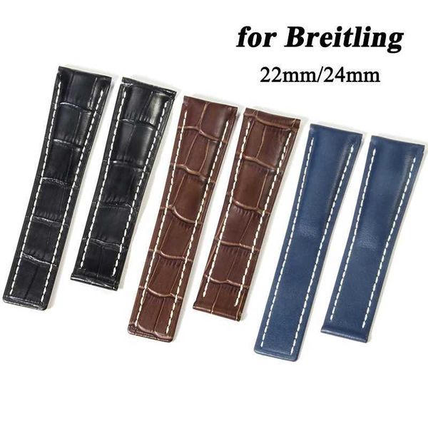 Bandes de montre 22 mm 24 mm ceinture en cuir authentique pour le denim Breitling Black Brown Silver Metal Boucle de boucle Q240430