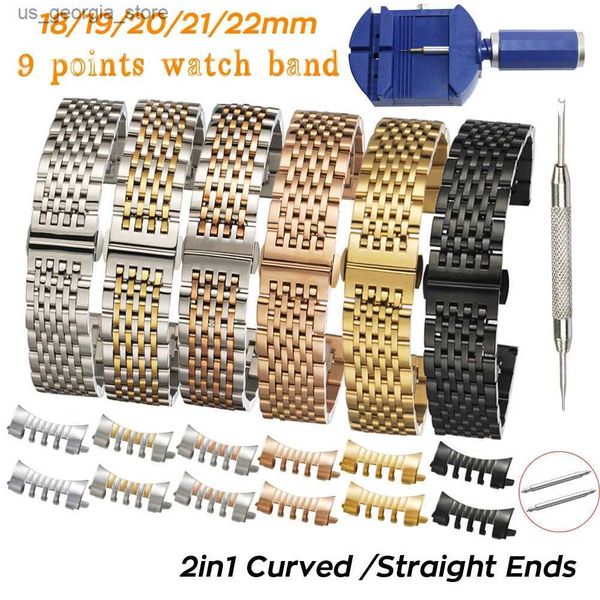 Bandes de montre 2in1 Sangle d'extrémité incurvée 18mm 19 20mm 21mm 22mm Bande de remplacement Bande de remplacement en acier inoxydable Ceinture à fermoir papillon Y240321