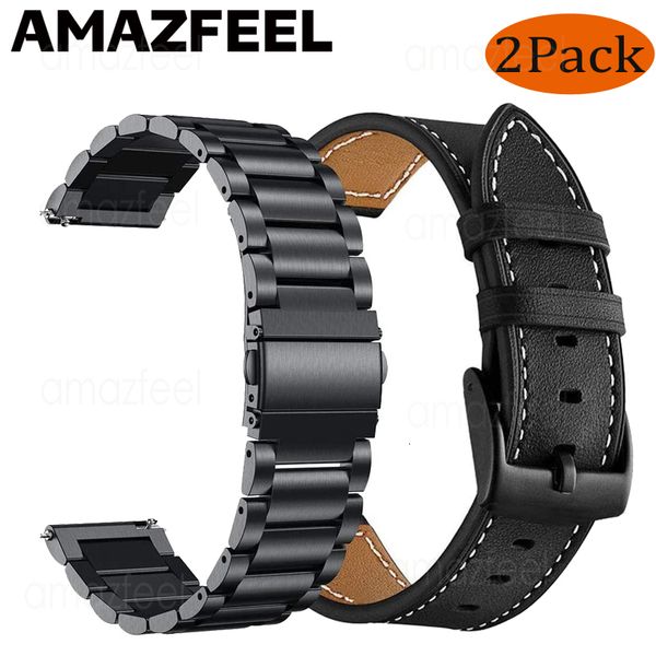 Bracelets de montre Bracelet en métal 2 piècesBracelet en cuir véritable pour Amazfit GTS 2 mini2GTS 3GTR 3 447mmGTR 2Stratos 23 20 22mm Bracelet Bip s Strap 230804