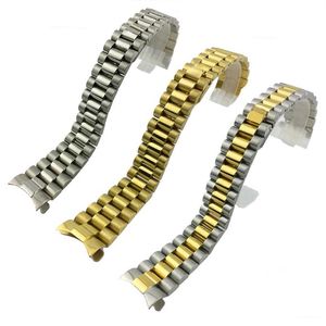 Accesorios de correas de reloj para buceo sólido de tres cuentas tipo registro, correa de acero inoxidable, hebilla presidencial de 20mm para hombres Gold295e