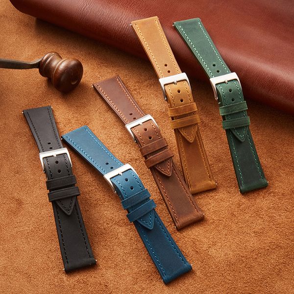 Bands de montre Arrivée Crazy Horse Leather 18 mm 19 mm 20 mm 21 mm 22 mm STRAP RETRO CUIR CUIR SHORD REMARRE REMARQUÉE 230810