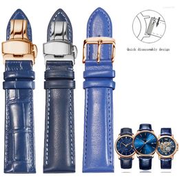 Correas de reloj Correa de reloj de cuero genuino personalizada azul Interfaz universal Cuero de vaca impermeable Diseño de desmontaje rápido para hombres Correa de reloj