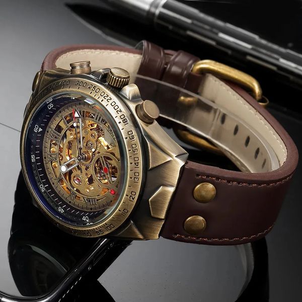 Bracelets de montre Bronze rétro squelette automatique mécanique pour hommes lumineux main marron véritable ceinture en cuir marque de luxe Steampunk montres 231110