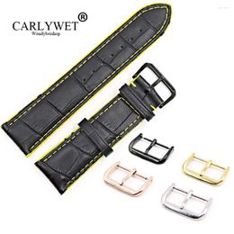 Bandes de montre Carlywet 18 20 22mm noir cuir véritable fait à la main points jaunes bracelet de remplacement avec boucle polie de couleur argent