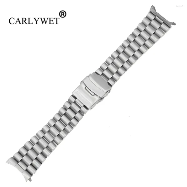 Bracelets de montre Carlywet 20 22mm Argent Creux Extrémité Courbée Liens Solides Remplacement Bande Bracelet Bracelet Double Poussoir Fermoir Pour