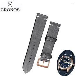 Horlogebanden Cronos Onderdelen Zwart Leren Band Voor Platte Uiteinden 22mm Roestvrij Staal Brons Tonggesp Quick Release Spring Bars